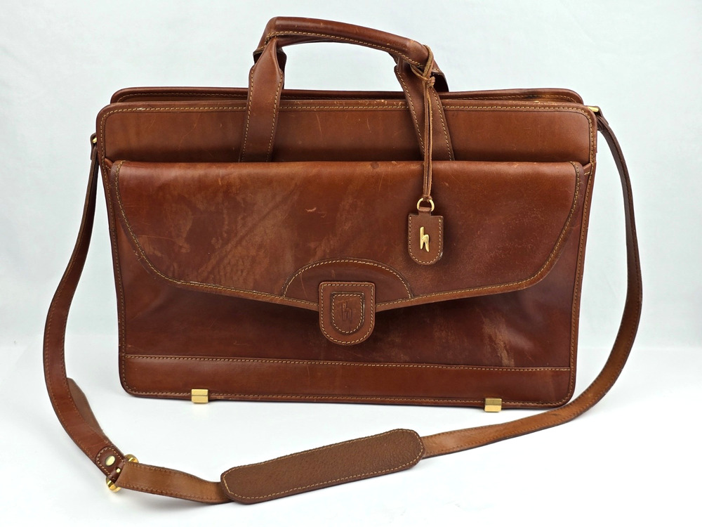 Hartmann Cognac Brown Leather Briefcase Shoulder Bag Messenger USA made 19"